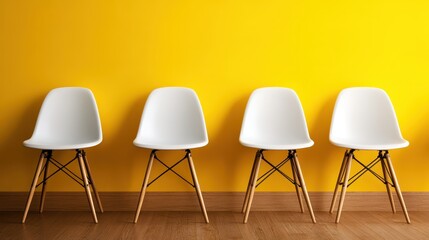 A set of modern white chairs positioned neatly against a vibrant yellow wall, creating a bold and energetic atmosphere, perfect for contemporary interior design and decor.