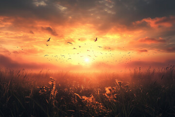 Obraz premium Birds Flying over Field at Sunset with Warm Light and Hazy Sky