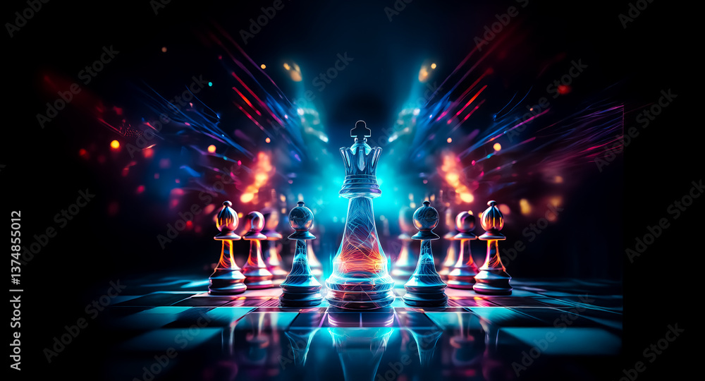 Poster chess pieces poised on a checkered board are illuminated by a burst of vibrant, abstract light again