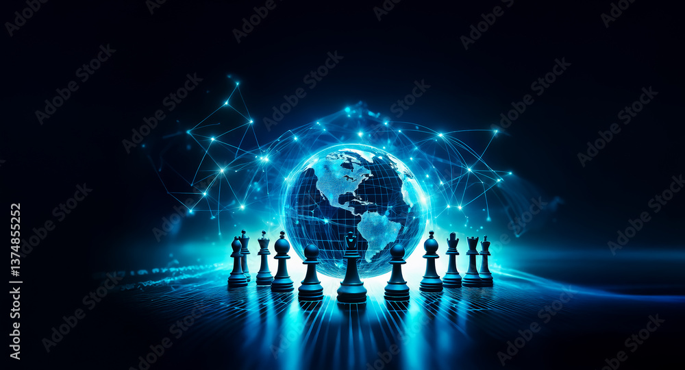 Poster a digital globe with network lines is positioned behind chess pieces. a strategic, interconnected wo