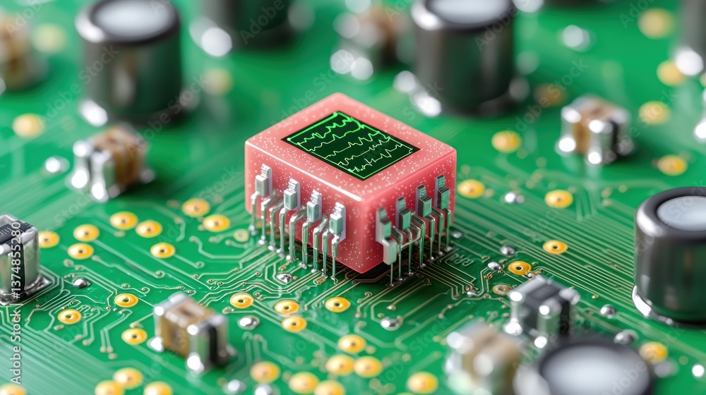 Poster innovative microchip technology: a close-up view of a biometric sensor integrated onto a circuit boa