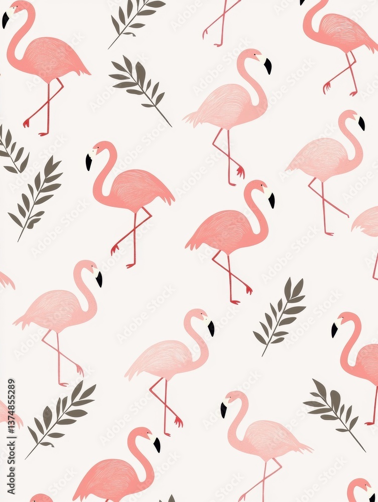 Poster seamless pattern of pink flamingos on a white background. the flamingos are arranged in a repeating 