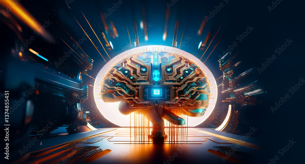 Poster glowing circuit brain illuminated in a futuristic digital space. intricate details of the brain and 