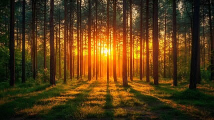 Fototapeta premium Golden Sunset Through Pine Forest (1)