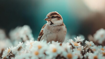 An elegant sparrow captured in a lush floral background, radiating vibrant colors while casting a serene ambiance, emphasizing the exquisite beauty of nature.