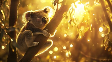 A serene koala resting on a eucalyptus branch bathed in warm golden sunlight with an ethereal background of softly blurred bokeh effects