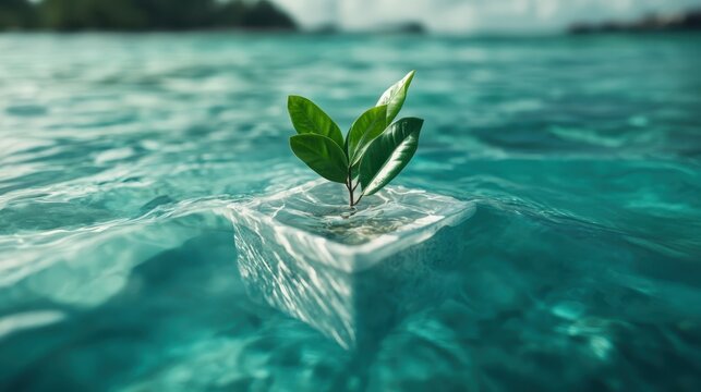 A resilient plant grows in tranquil ocean waters, symbolizing hope and sustainability. The clear water enhances the beauty of nature, encapsulating life in its purest form.
