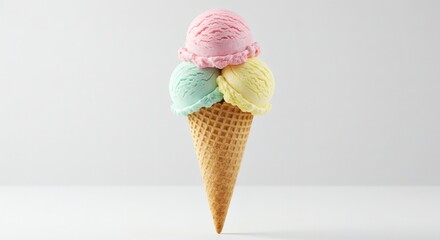 Colorful Three-Scoop Ice Cream Cone with Pastel Tones on White Background