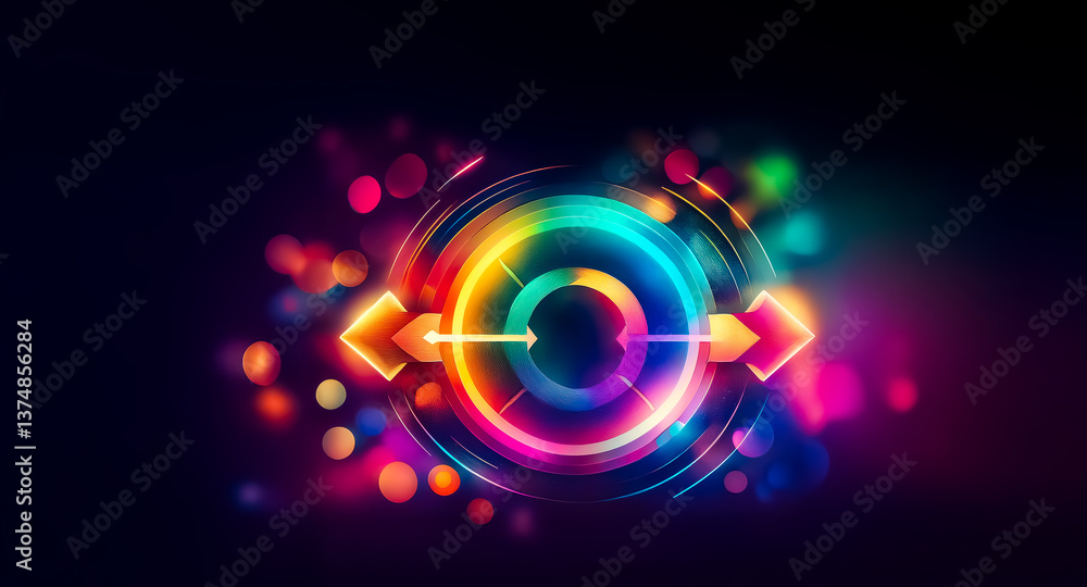 Poster abstract bright circle with arrows at center on dark backdrop. colorful bokeh lights surround the sh