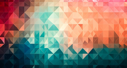 Obraz premium Abstract geometric design featuring a vibrant mosaic of triangles in a spectrum of colors. The image showcases a polygonal pattern with a blend of warm and cool hues.