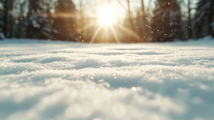 A breathtaking sunrise casts a warm glow over a wintry landscape, illuminating the pristine snow with sparkling crystals and creating an enchanting atmosphere of tranquility.
