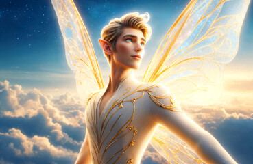 Fairy prince flying over the sunny sky