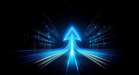 Vibrant blue arrow points upward on dark. Light streaks convey speed, forward direction, and progress. Dynamic motion depicted.