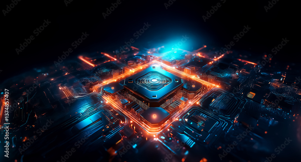 Poster futuristic circuit board design with glowing blue and orange light trails radiating from a central p