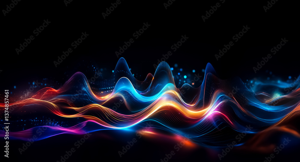 Poster abstract glowing waves flow against a dark backdrop. vibrant neon lines in blue, orange, and purple 