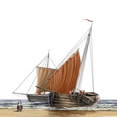 Paintings illustration on a white background, old wooden sailing ship, wooden sailing ship isolated