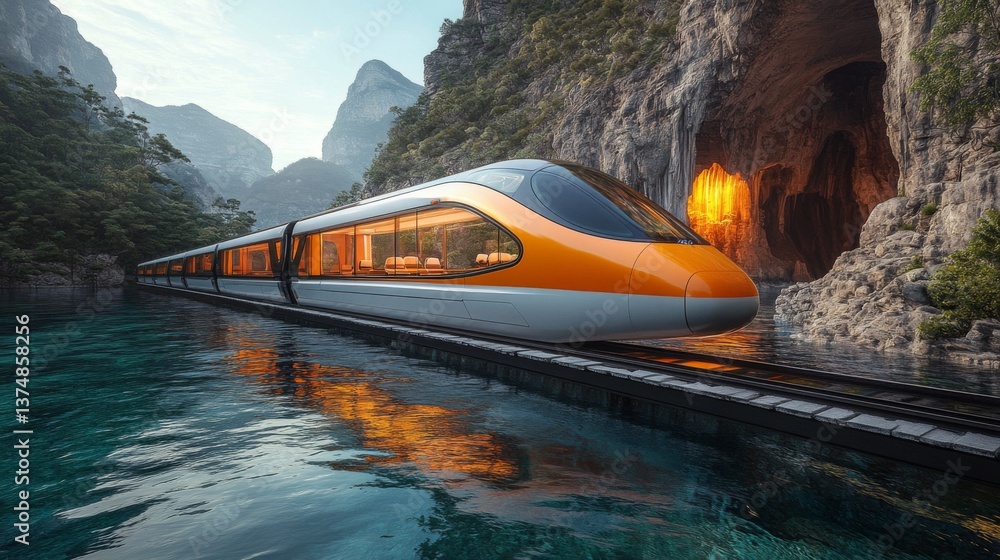 Poster a modern high speed maglev train glides smoothly over tracks beside a tranquil body of water, with m