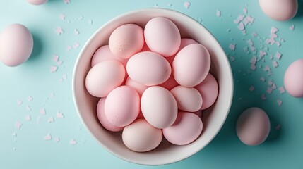 A neat assortment of smooth pink eggs in a white bowl on a beautiful blue background, capturing the essence of springtime celebrations and vibrant creativity.