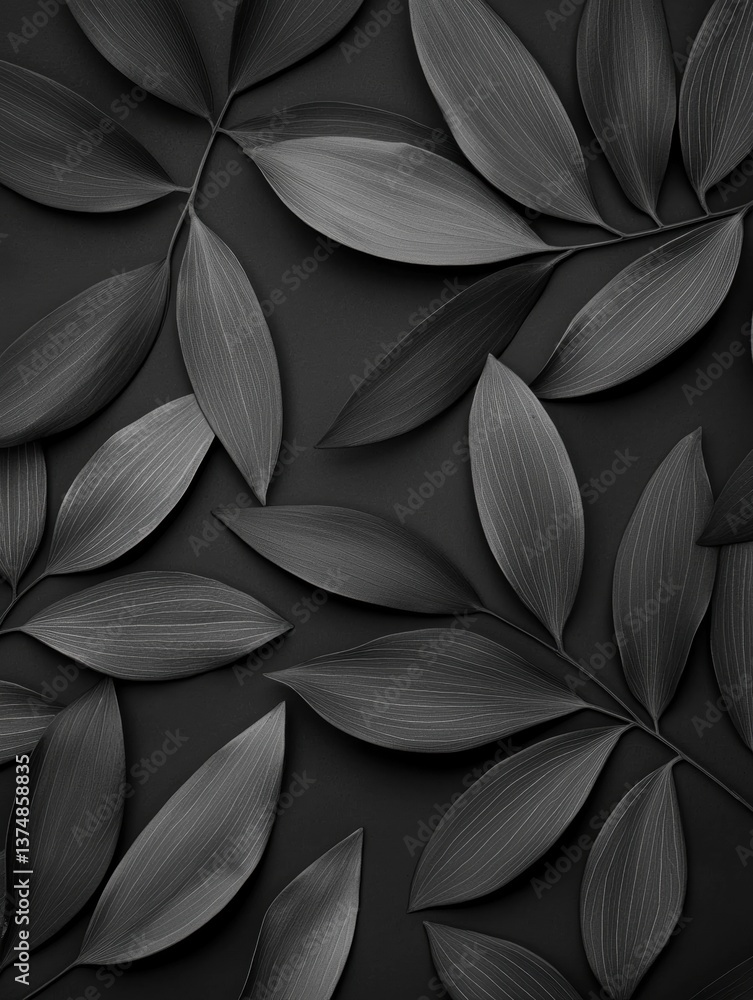 Poster black and white illustration of a group of leaves arranged in a repeating pattern. the leaves are of