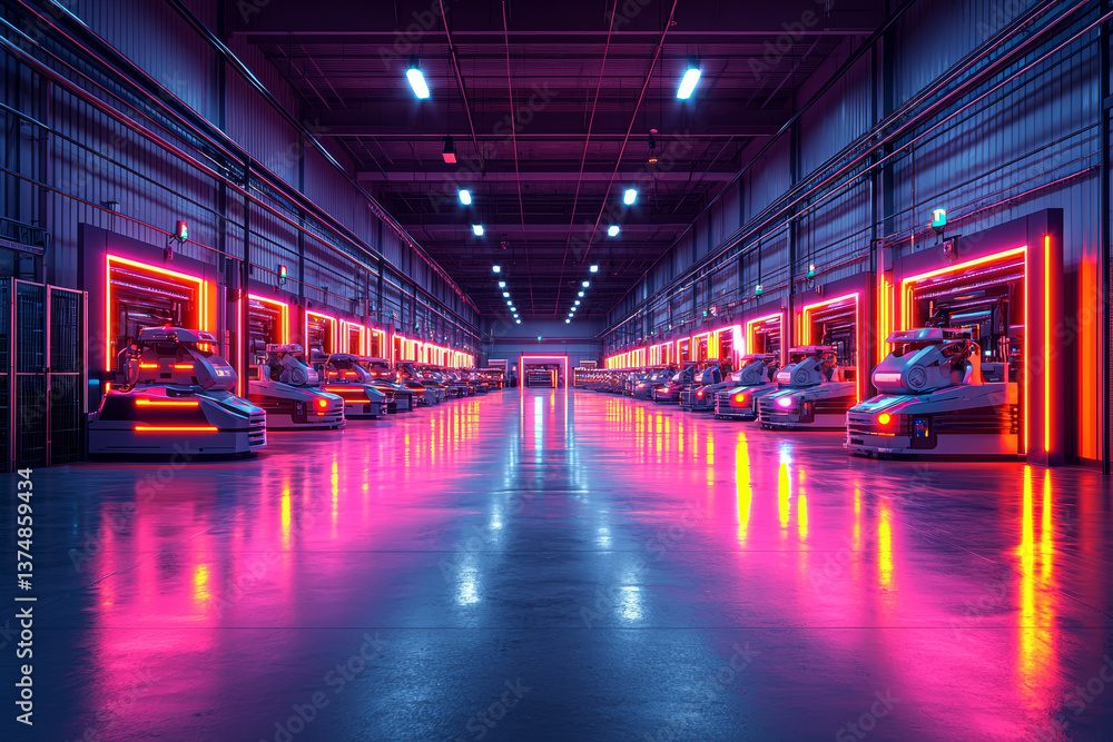 Poster a neon-lit fulfillment center operating overnight with workers and robots. concept of 24/7 operation