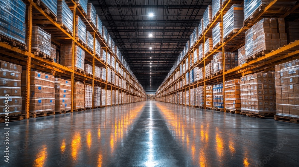 Poster wide view of a well organized warehouse showing neatly stacked pallets of products on shelves, illum