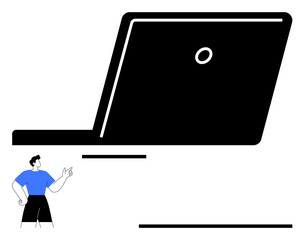 Minimalist scene with a man pointing at an oversized laptop, signifying digitalization, technology, communication, online learning, innovation, creativity, and virtual interaction. Ideal for flat
