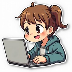die cut sticker, cartoon little girl with laptop