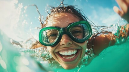 Fototapeta premium A cheerful woman swims underwater, showcasing vibrant energy with her gear while capturing the essence of joy and refreshment in a serene aquatic environment.