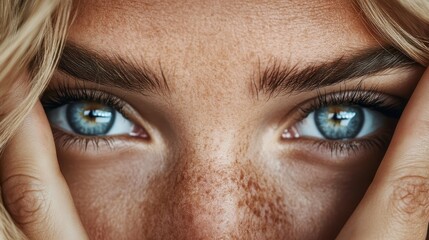 Obraz premium A striking portrait showcasing a stunning model with vibrant blue eyes peeking through fingers, enveloped in emotions that resonate with beauty, resilience, and artistic expression.