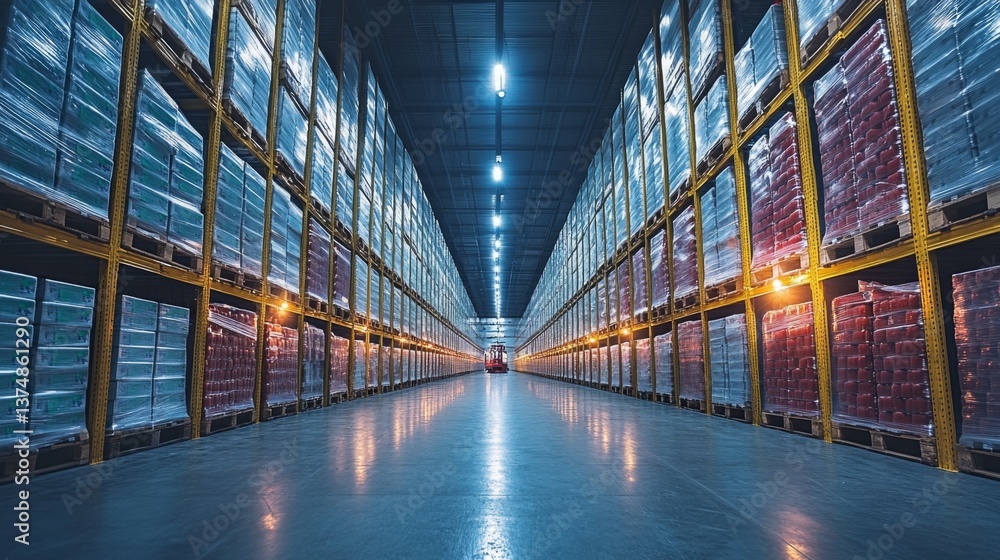 Poster wide aisles filled with stacked pallets in a modern warehouse showcasing efficient logistics and inv