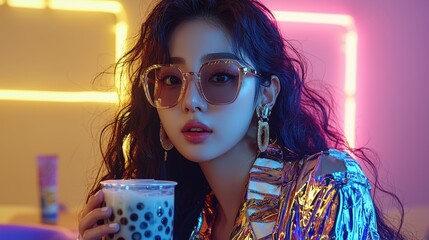 A fashionable young woman with sunglasses enjoys boba tea against a vibrant neon backdrop.