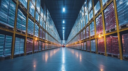 Wide aisles filled with stacked pallets in a modern warehouse showcasing efficient logistics and inventory management under bright overhead lights.