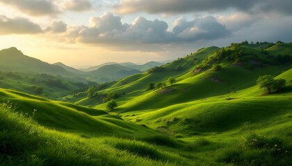 Fototapeta premium Rolling Green Hills: A breathtaking panorama unfolds, showcasing rolling green hills under a dramatic, cloud-filled sky, a testament to nature's artistry and the serenity of the landscape.