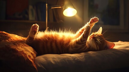 A cozy, sunlit scene of a relaxed ginger cat stretching comfortably on a bed, illuminated by warm, soft light from a nearby lamp, creating a serene atmosphere