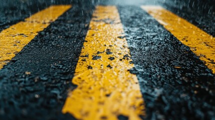 A striking image of wet yellow stripes on a rainy street, capturing the mood and aesthetics of a damp urban environment, where nature meets city life.