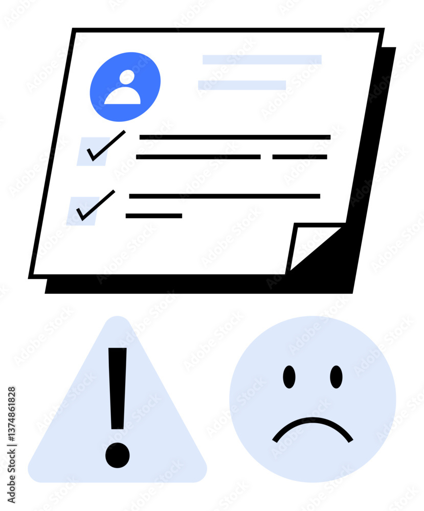 Poster user profile document with checkmarks for completed tasks, warning triangle for errors, sad face for