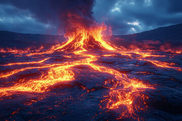 Naklejka premium A volcanic eruption captured at twilight with glowing lava streams. Concept of natural disasters and geological forces.
