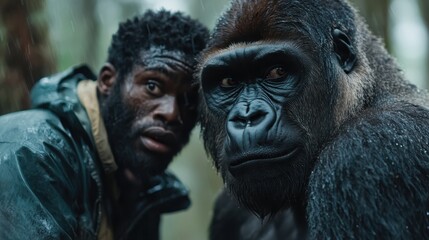 Obraz premium In a rain-soaked environment, a man and a gorilla share a moment of serene contemplation amidst the lush elements of their habitat, emphasizing a profound connection.