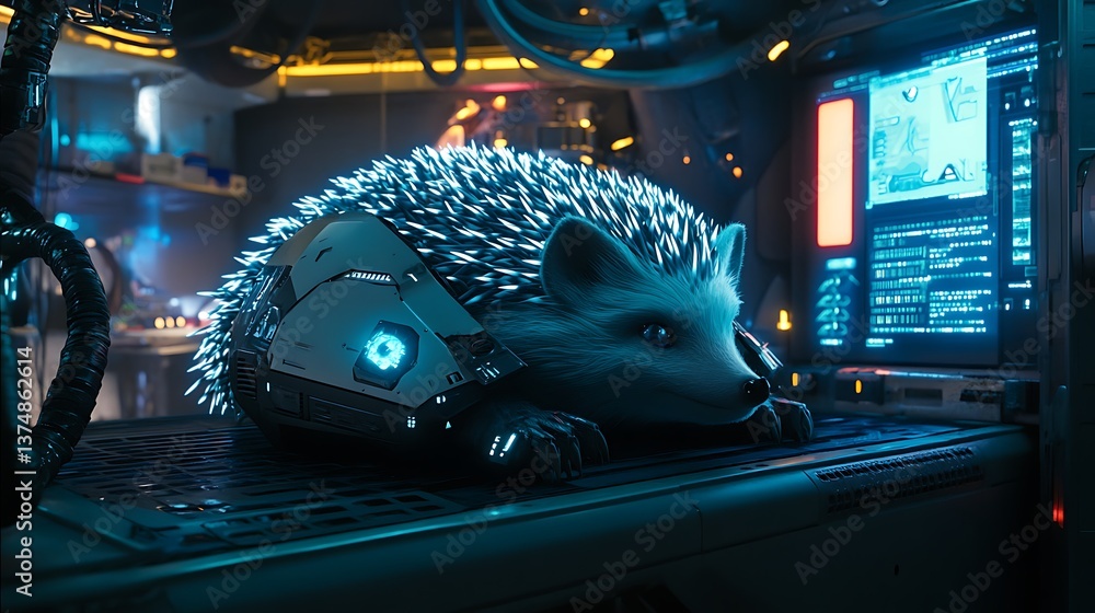 Aufkleber futuristic robotic hedgehog resting on a high-tech workstation with glowing blue lights and advanced