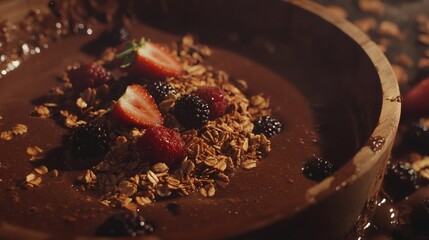 Serving Chocolate Dessert with Granola and Fresh Berries in Wooden Bowl