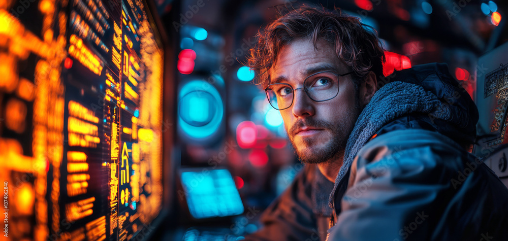 Fototapete A cybersecurity professional analyzes firewall data on multiple screens in a dimly lit control room. The focus is on identifying vulnerabilities and managing risks, ensuring data security.