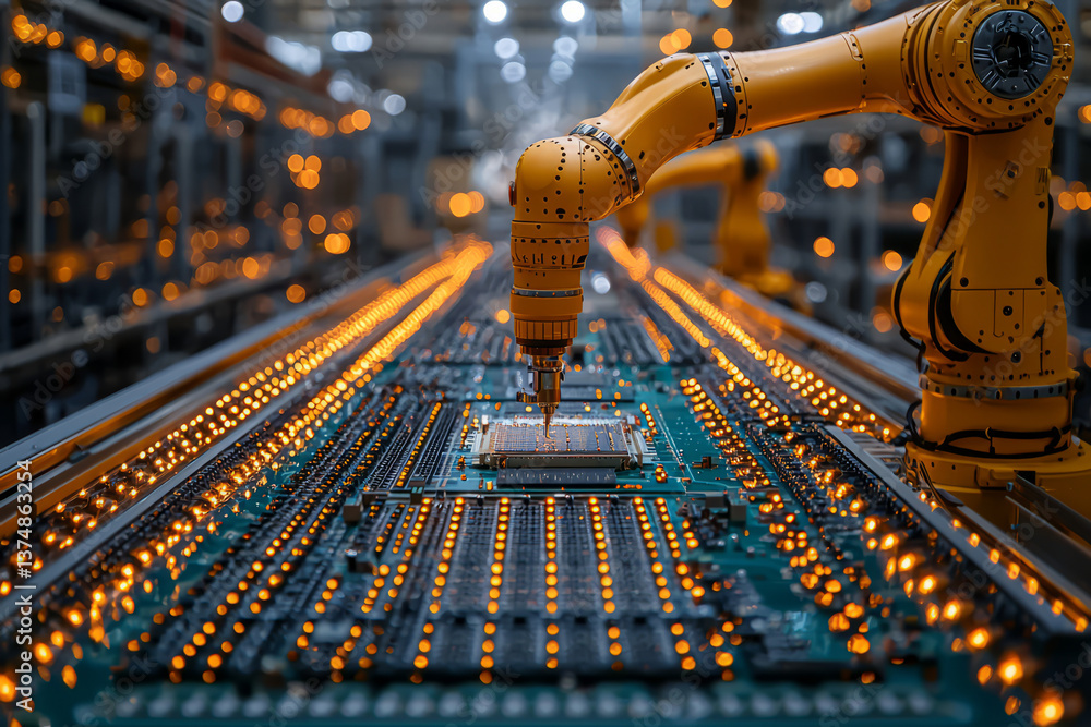 Poster a robotic arm assembling microchips on a high-tech factory floor. concept of automation and industri