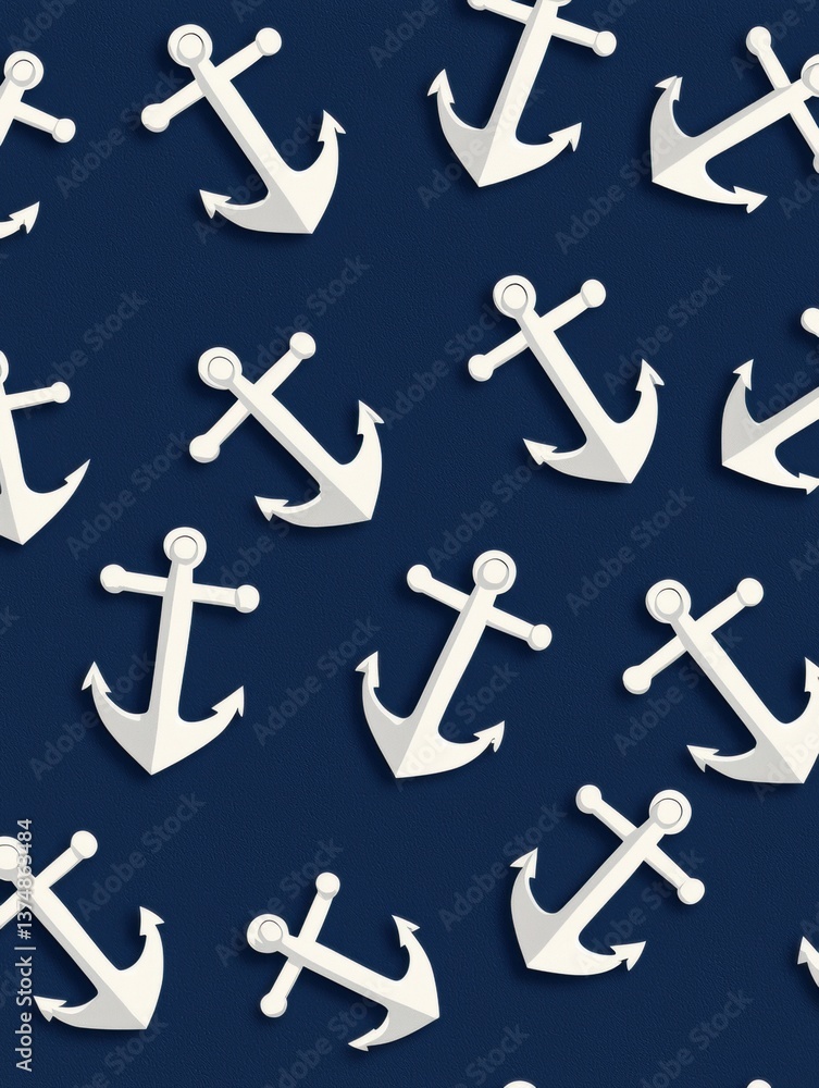 Poster seamless pattern of white anchors on a dark blue background. the anchors are arranged in a repeating