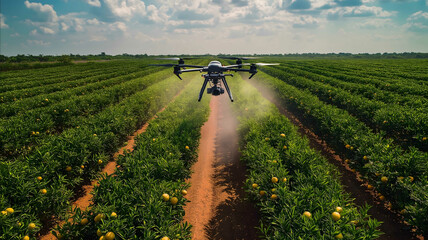 aerial view of a drone spraying pesticides over a large orange plantation on a sunny day in Brazil The drone is flying low releasing a visible mist over neat ro