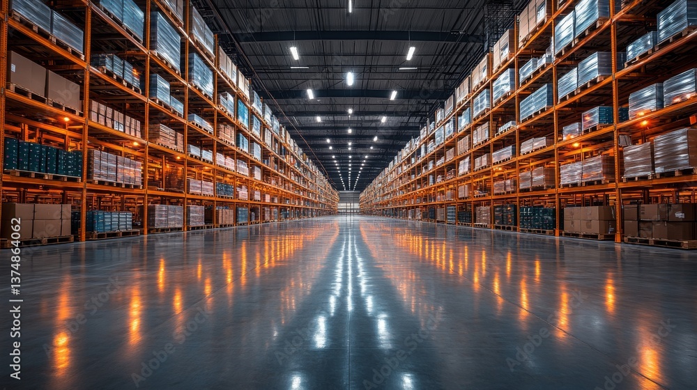 Poster Vast warehouse space featuring neatly arranged shelves filled with various products under bright lights, enhancing the efficiency of inventory storage and sorting.