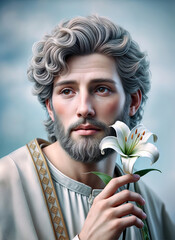 Angel, holds a lily flower symbolizing his purity