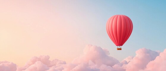Fototapeta premium Pink hot air balloon floating above a group of fluffy white clouds. the balloon is in the center of the image, with its body facing towards the right side of the frame.