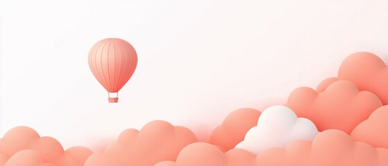 Fototapeta premium Illustration of a hot air balloon flying above a group of pink clouds. the balloon is in the center of the image, with its body facing towards the right side of the frame.