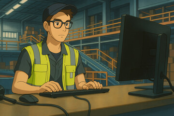 Anime-Style Male Stocking Manager Checking Inventory in an Automated Warehouse