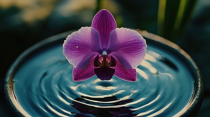 A vibrant purple orchid rests serenely in a bowl, its reflection dancing on the rippling water.